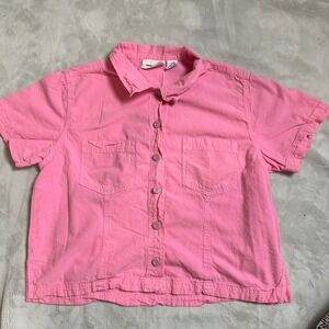 Women's Vintage Neon Pink Cropped Button Up‎ Short Sleeve Size Petite Large